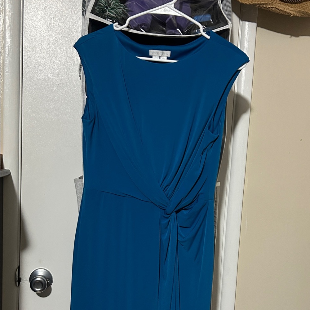 London Times Blue Draped Midi Dress